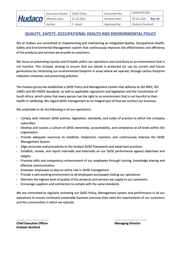 Hudaco QHSE Policy | Powermite